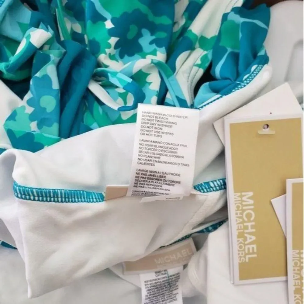 Michael Kors Aqua Blue Floral Plunging Neckline One-Piece Swimsuit Women's